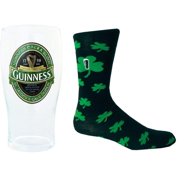 Guiness Green ireland Pint Glass and Shamrock Socks Set