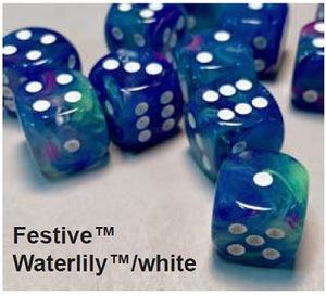 FESTIVE DICE 12D6 WATERLILY/WHITE 16MM