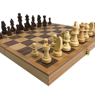 12 inch Classic Beech Folding Chess Set with Storage for Pieces