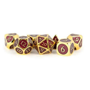 Metal Dice: 7pc 16mm Gold w Purple Enamel