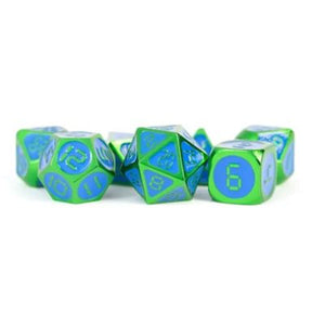 Dice: Metal 16mm 7pc Set: Green w / Blue Enamel