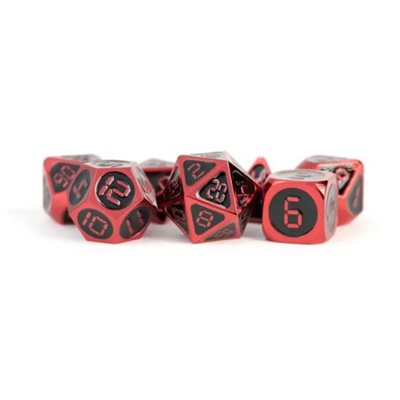 Dice: Metal 16mm 7pc Set: Red w / Black Enamel