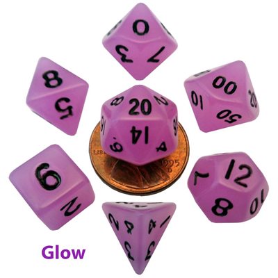 Dice: 7 pc: 10 mm: Acrylic: Mini Glow in the Dark: Purple