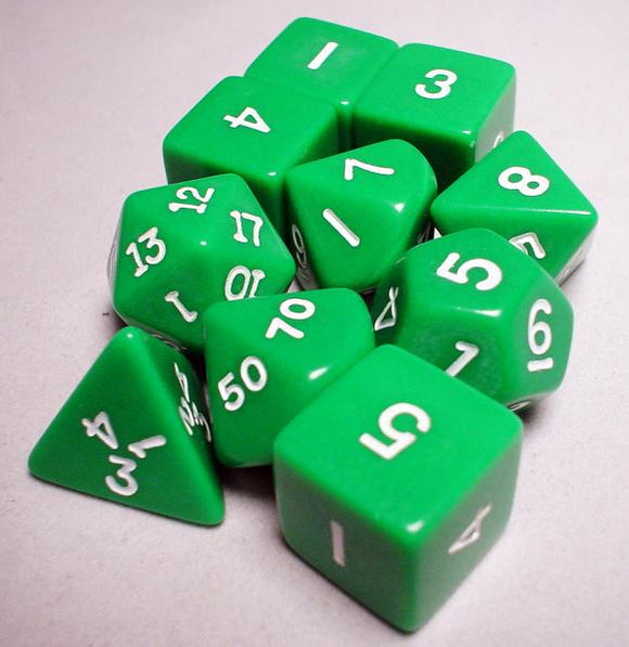Green/White Polyhedral Dice 10 Piece Set - Koplow