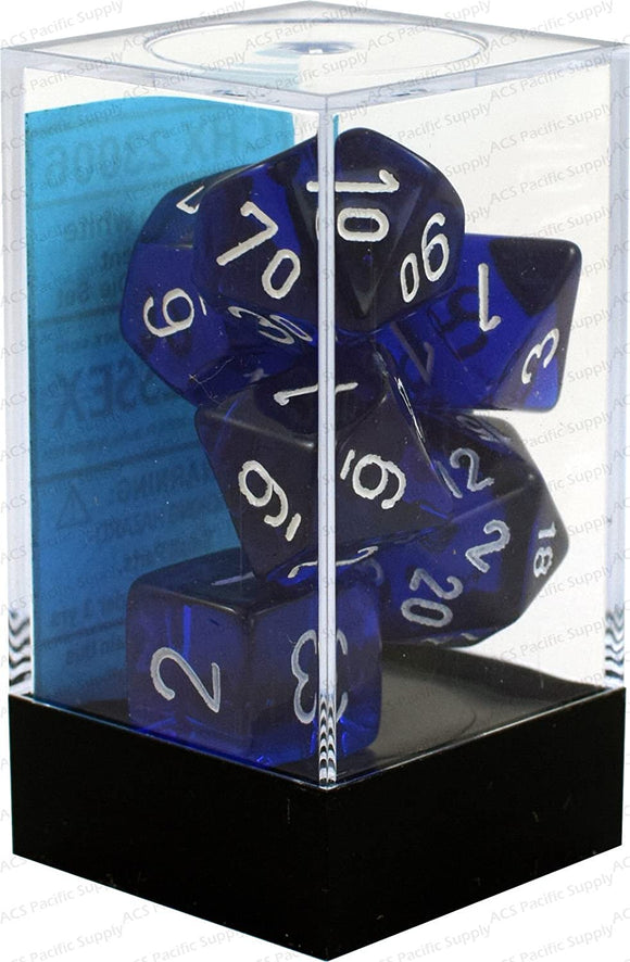 Chessex Translucent Blue w/ White Polyhedral 7 Dice Set